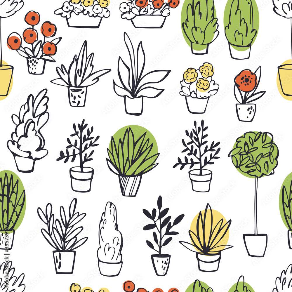 Hand drawn house plants. Vector seamless pattern.