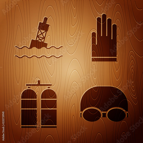 Set Glasses and cap for swimming, Floating buoy on the sea, Aqualung and Gloves on wooden background. Vector