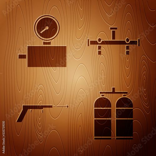 Set Aqualung, Gauge scale, Fishing harpoon and Manifold on wooden background. Vector