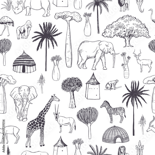 Hand drawn african animals and plants on white background. Vector seamless pattern.