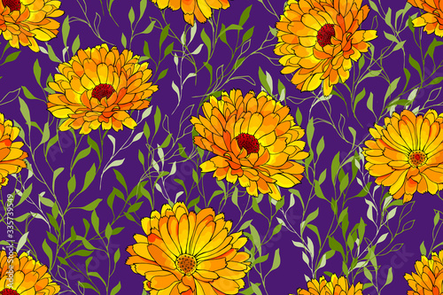 Seamless floral pattern with yellow flowers calendula and green leaves on purple background. For textile  wallpapers  print  greeting. Vector stock illustration.