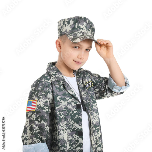 Cute little soldier on whit...