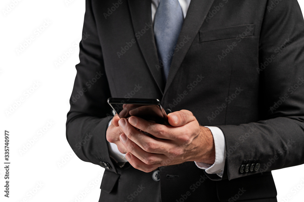 Businessman hands holding smartphone, isolated Businessman hands holding smartphone, isolated