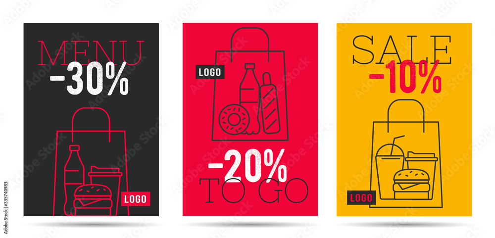 Naklejka premium Flyer for takeaway or food delivery service with line illustration of fast food combo menues in the shopping bag with discount per cent