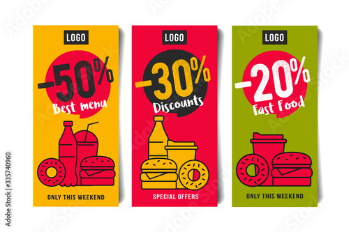Trendy color discount flyer set for fast food restaurant or delivery service, template design with linear food and drinks combo menus composition