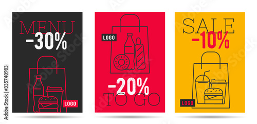 Flyer for takeaway or food delivery service with line illustration of fast food combo menues in the shopping bag with discount per cent