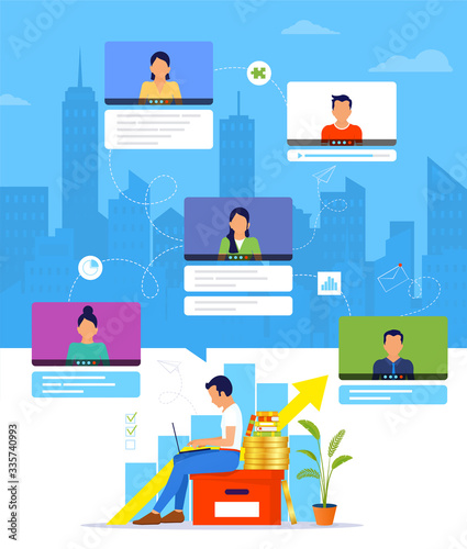 Organization of a workflow or training over the Internet. Young man working from home during Covid-19. Online business training. Working managed remotely by a leader. Remote work from home.