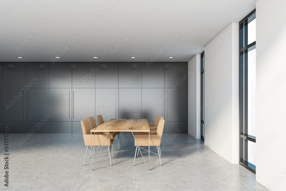 White and gray dining room, side view White and gray dining room, side view