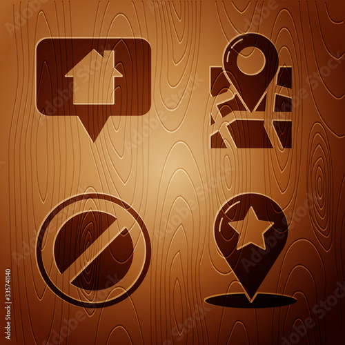 Set Map pointer with star, Map pointer with house, Stop sign and Folded map with location marker on wooden background. Vector