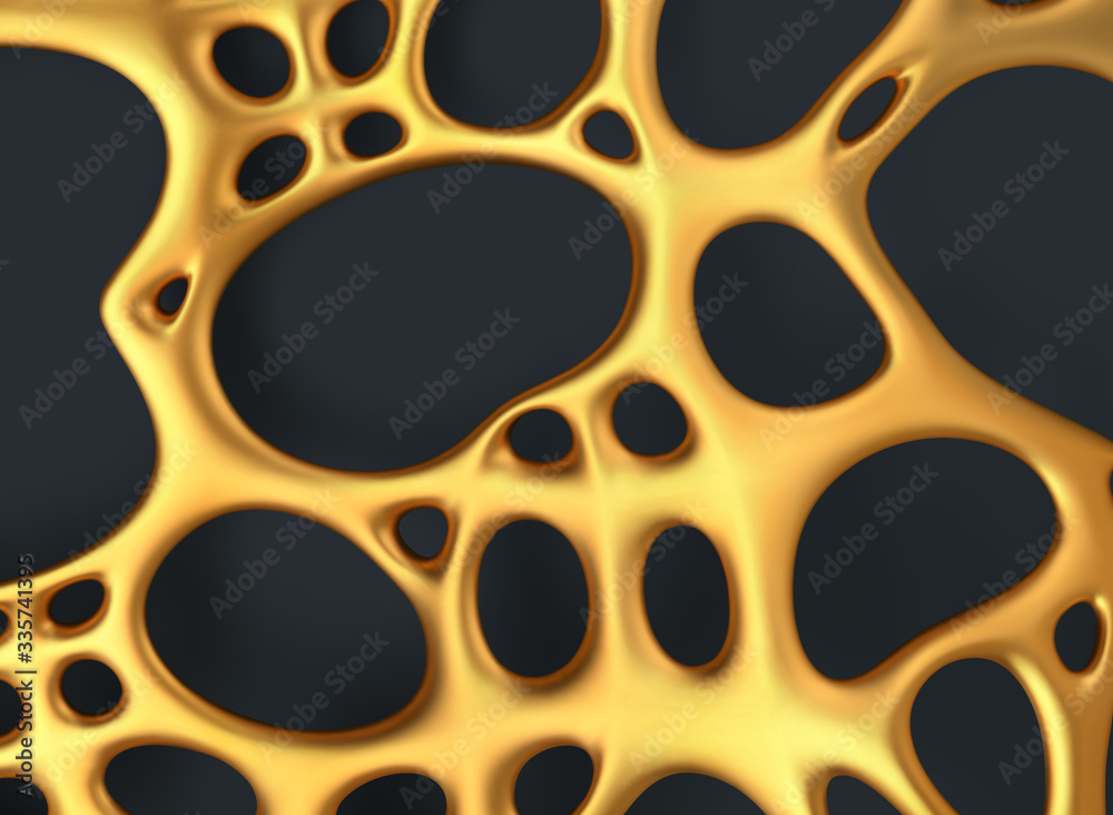 Luxury abstract gold background. Realistic golden organic irregular mesh with holes. Futuristic liquid gold pattern with shadow. Vector illustration, isolated on dark background