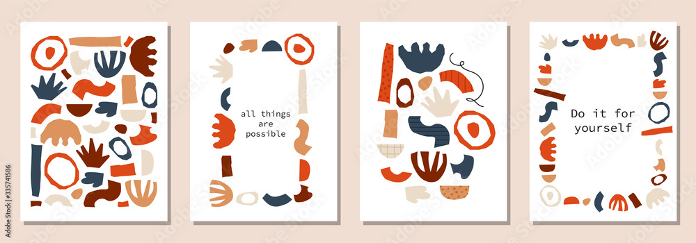Positive motivation posters set with quote on trendy abstract background with minimal shapes in neutral colors for your decoration, vector illustration