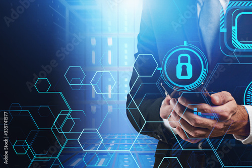 Foto Man with smartphone, cyber security interface
