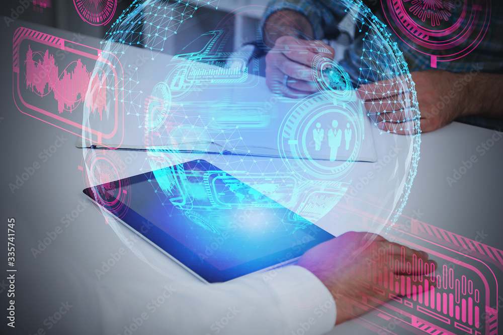 Hands of men with tablet, business interface Hands of men with tablet, business interface