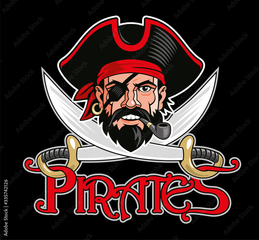 Pirate captain head and two swords mascot, logo template. Vector illustration.
