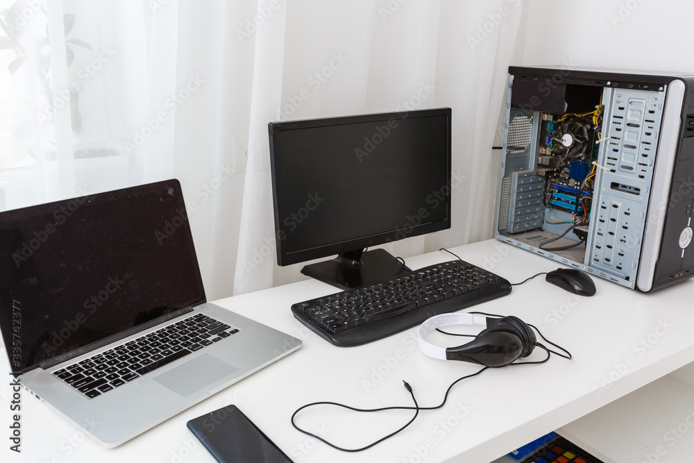 Workspace background, laptop and computer at home Workspace background, laptop and computer at home