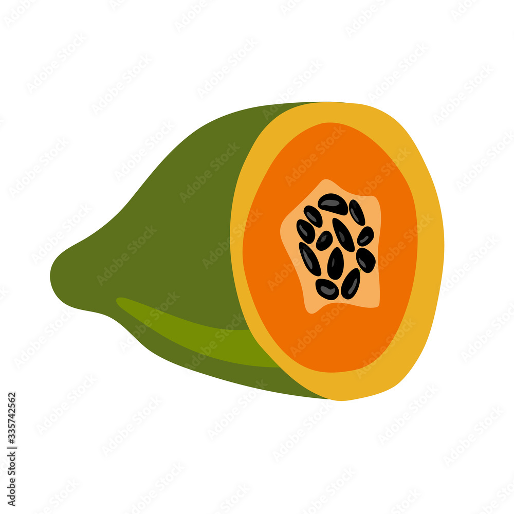 Half an green papaya. Ripe papaya with seeds.Vector illustration cartoon flat icon isolated on white. can be used for: Print, banner, label, poster, sticker, logo. Half an green papaya. Ripe papaya with seeds.Vector illustration cartoon flat icon isolated on white. can be used for: Print, banner, label, poster, sticker, logo.