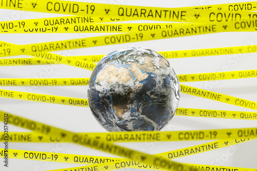 Earth in coronavirus quarantine tape