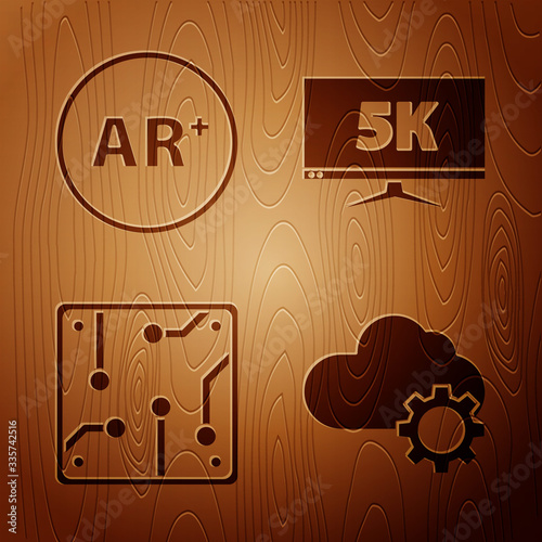 Set Cloud technology data transfer and storage, Ar, augmented reality, Processor and Monitor display with 5k video on wooden background. Vector
