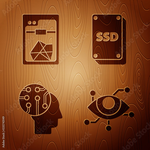 Set Virtual reality, 3D printer, Human brain as digital circuit board and SSD card on wooden background. Vector
