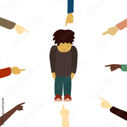 The boy is surrounded by people who point a finger at him on a white background. Criticism, humiliation, disapproval of the public, insult, guilt, public pressure. Vector flat cartoon illustration.