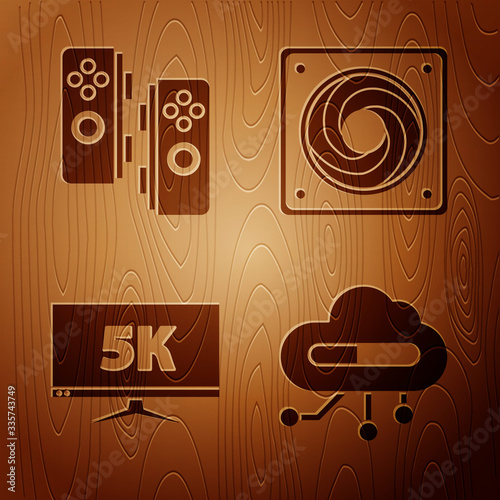 Set Internet of things, Gamepad, Monitor display with 5k video and Computer cooler on wooden background. Vector