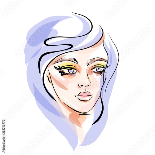 Hand-drawn young beautiful girl with makeup and unusual violet hair. Fashion illustration of a stylish look. Vector for design t-shirts typography cards and posters.