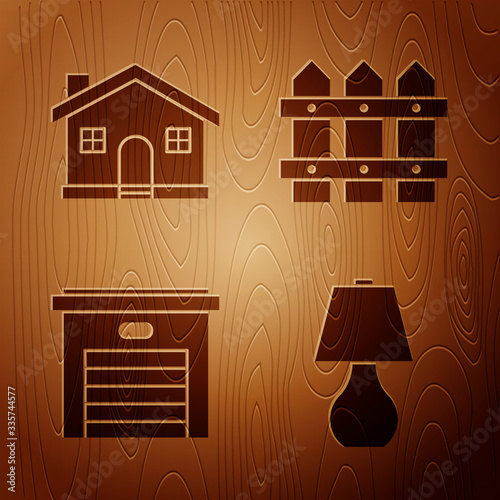 Set Table lamp, House, Garage and Garden fence wooden on wooden background. Vector photo