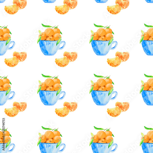 Watercolor seamless pattern with oranges tangerines citrus fruits green. Fruit repeated background. Hand drawn illustration for fabric textile