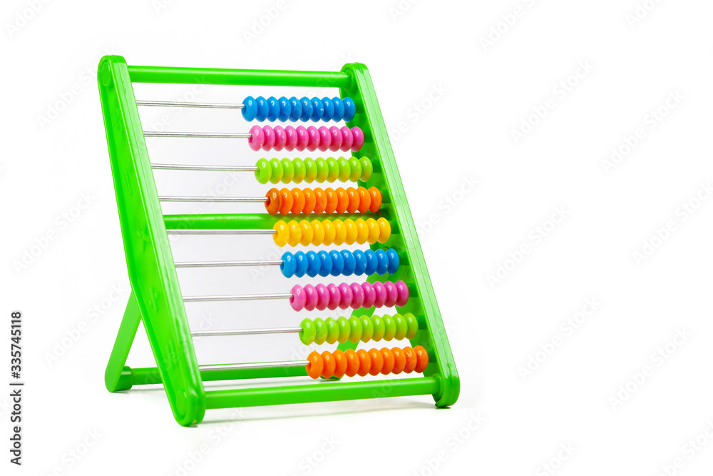 Simple colorful classic abacus toy isolated on white, cut out, beads aligned. Teaching aids, accessories. Kids, children math, fun arithmetic education, learning mathematics symbol abstract concept Simple colorful classic abacus toy isolated on white, cut out, beads aligned. Teaching aids, accessories. Kids, children math, fun arithmetic education, learning mathematics symbol abstract concept