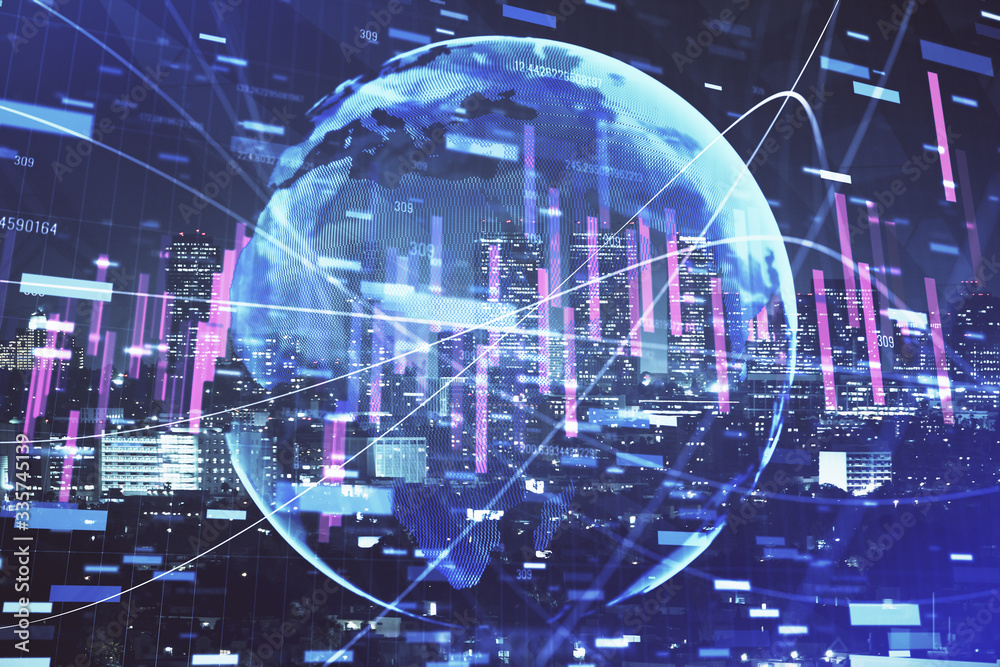 Financial graph on night city scape with tall buildings background multi exposure. Analysis concept.