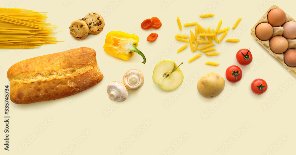 Healthy Grocery food set on creamy background. Various food products for web banner, online shop background. Top view. Flat lay. Healthy Grocery food set on creamy background. Various food products for web banner, online shop background. Top view. Flat lay.