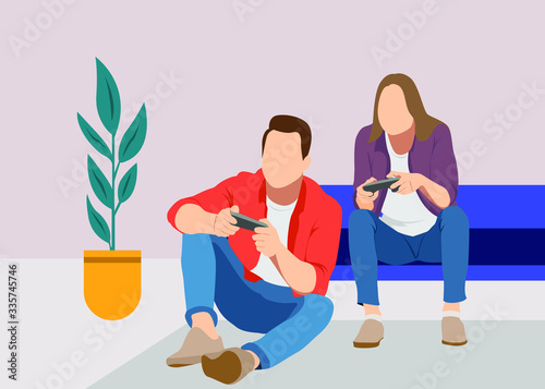 Couple Playing Video Game at Home sitting on sofa and enjoying themselve Vector Illustration photo