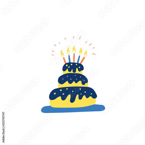 Vector hand drawn illustration of colorful birthday cake with shining candles. Isolated on white background.