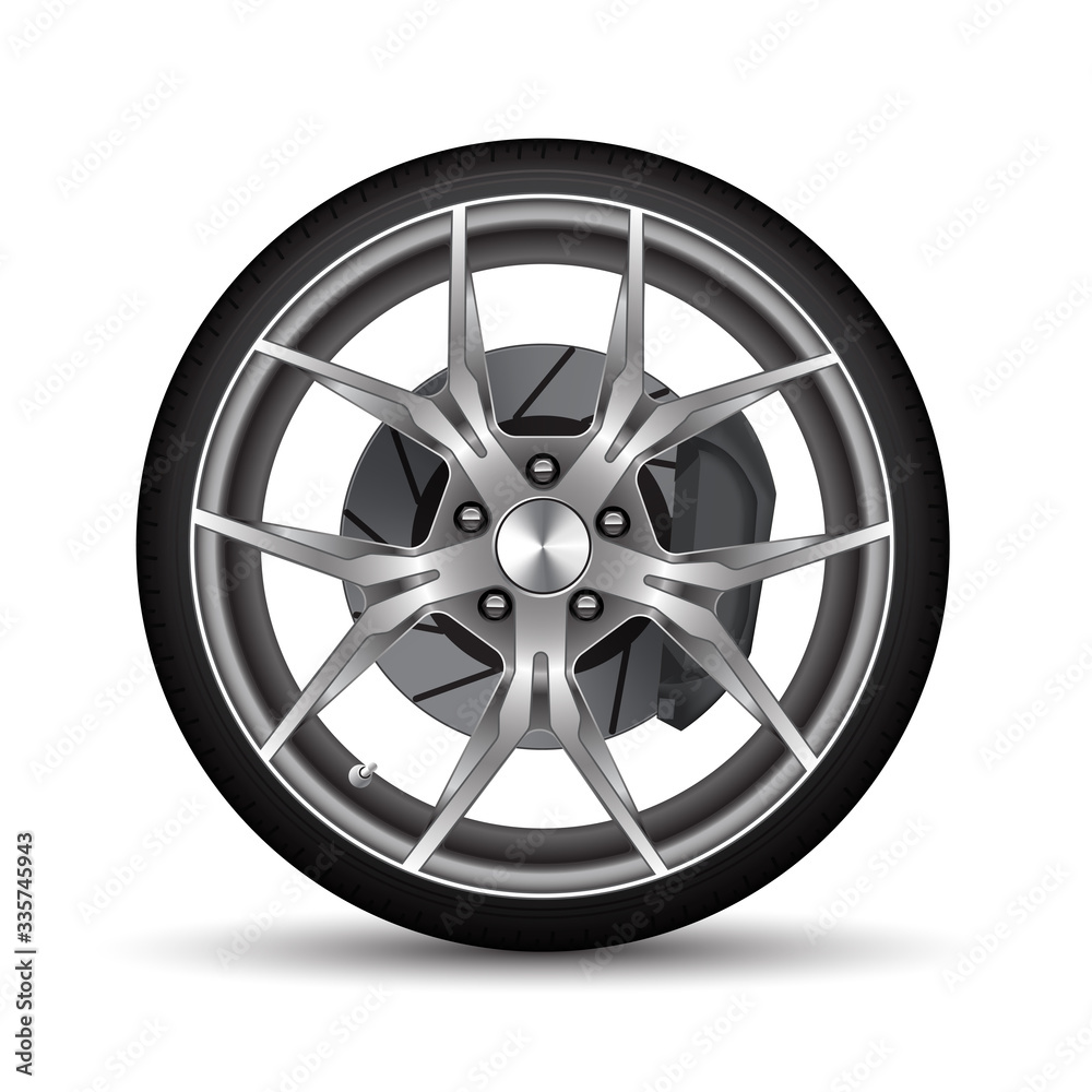 Realistic car wheel alloy black tire with disk brake on white background vector illustration.