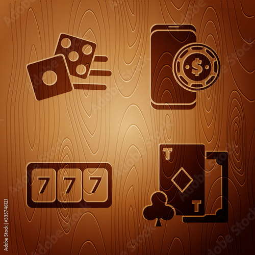 Set Playing card with diamonds, Game dice, Slot machine with lucky sevens jackpot and Online poker table game on wooden background. Vector