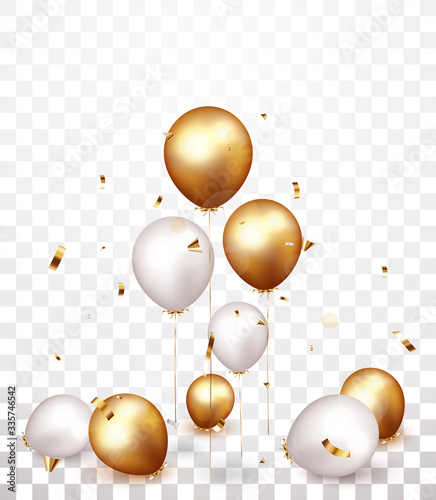 Celebration banner with gold confetti and balloons