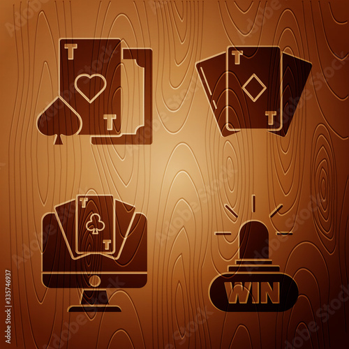 Set Casino win, Playing card with heart, Online poker table game and Playing card with diamonds on wooden background. Vector