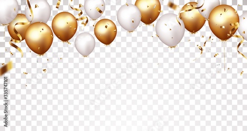 Celebration banner with gold confetti and balloons