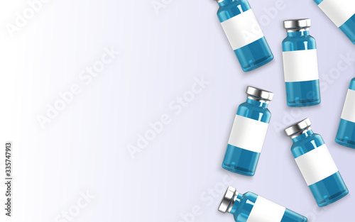Realistic 3d glass ampoules with medicine. Vaccine injection. corona virus infection, novel coronavirus disease 2019, COVID-19,nCoV 2019. Vector illustration.