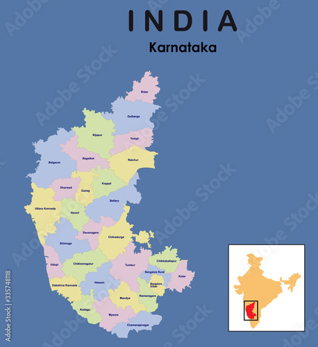 Karnataka full map. vector illustration of colourful district map of karnataka photo