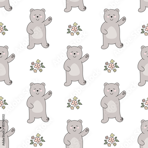 Hand drawn seamless pattern happy bear with flowers on white. Vector illustration in doodle style.