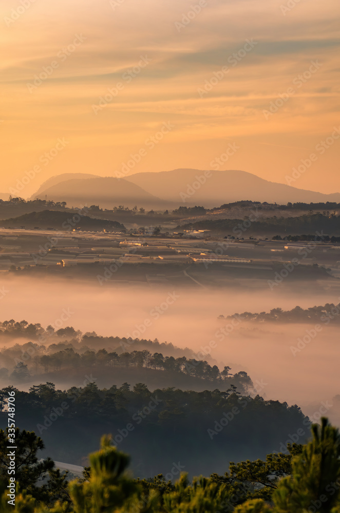 Obraz premium Early morning landscape of cloud and foggy mountain valley in Da Lat, Lam Dong, Vietnam