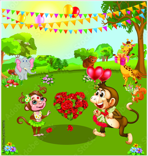 Fototapeta Naklejka Na Ścianę i Meble -  Love theme. marriage anniversary celebrated by animals in forest vector illustration.