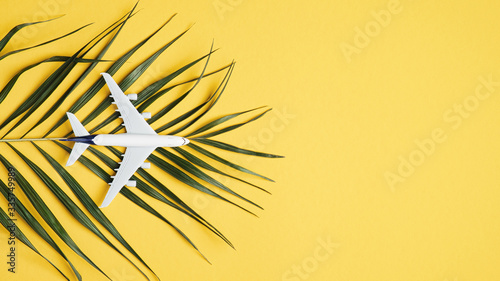 Plane toy and tropical palm leaf on yellow background. Travel or vacation concept. Summer background. Flat lay, top view
