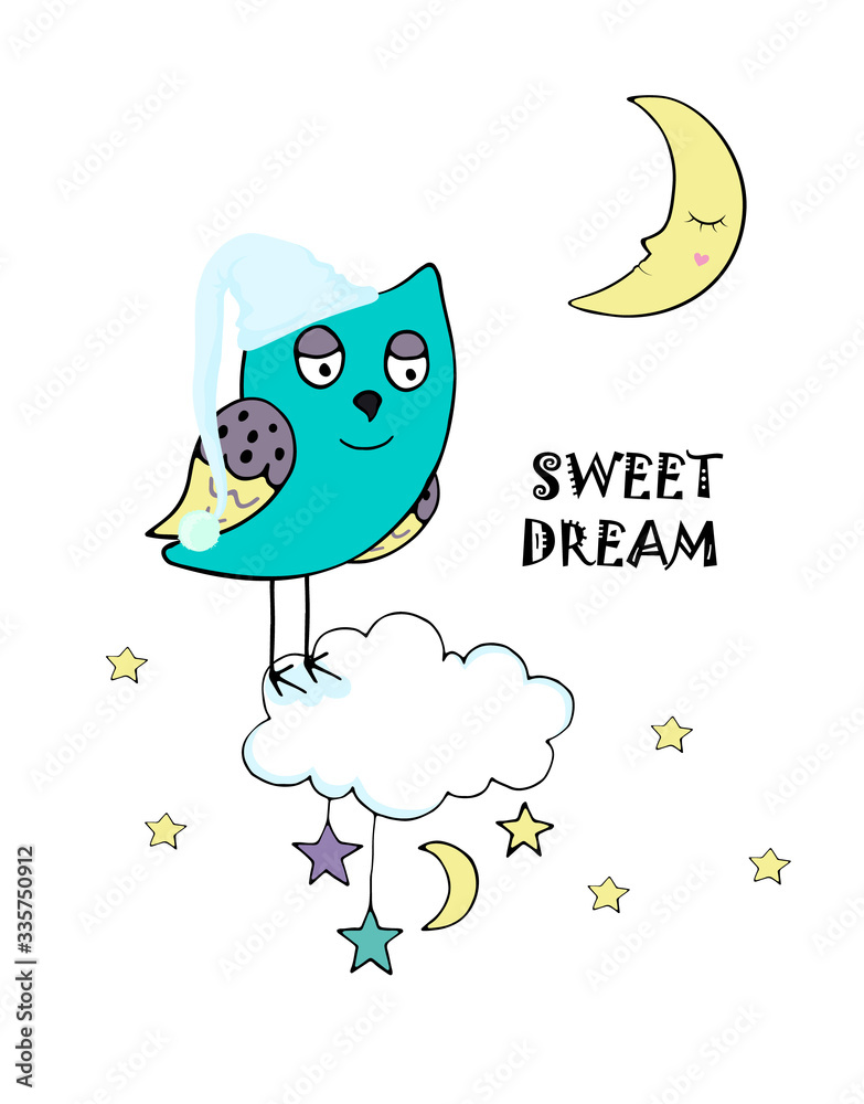 Fototapeta premium Sleeping owl in a nightcap on a cloud with moon stars in a children's cartoon style colorful hand drawing in white