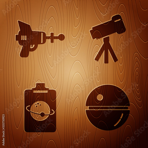 Set Death star, Ray gun, Planet and Telescope on wooden background. Vector