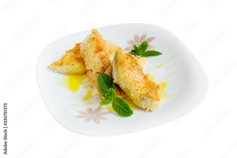 Thin pancakes with sauce isolated on the white Thin pancakes with sauce isolated on the white