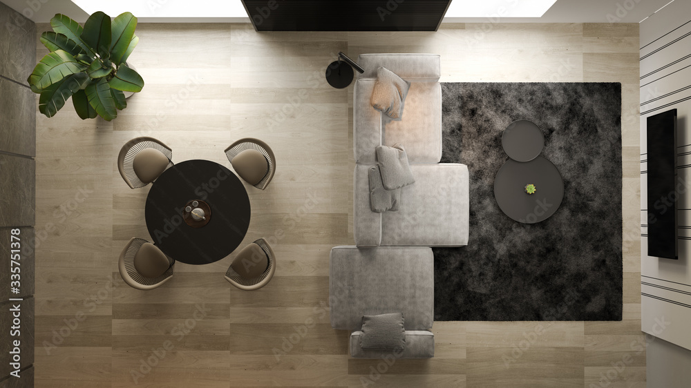 Top view Black minimalist Interior of modern living room 3D rendering