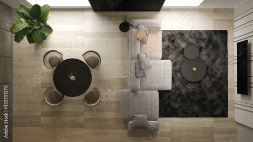 Top view Black minimalist Interior of modern living room 3D rendering