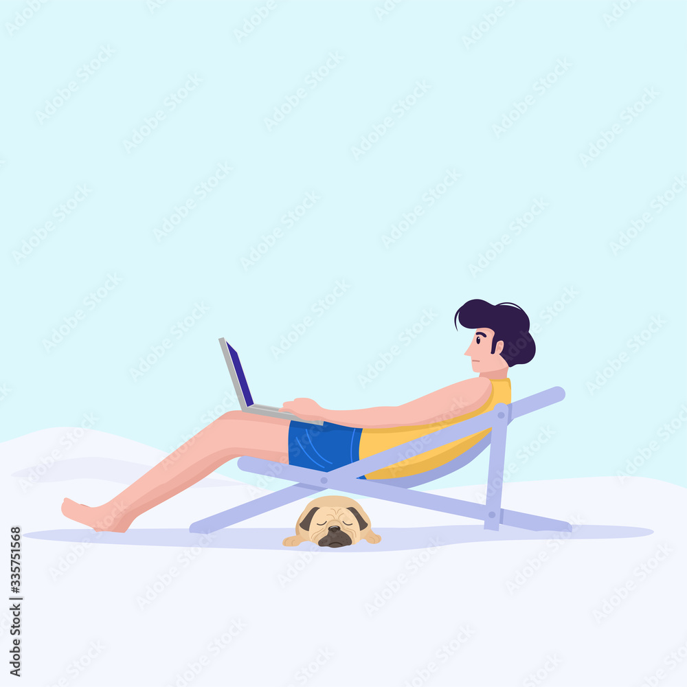Obraz premium Remote working concept, A man working with laptop on the beach. Vector